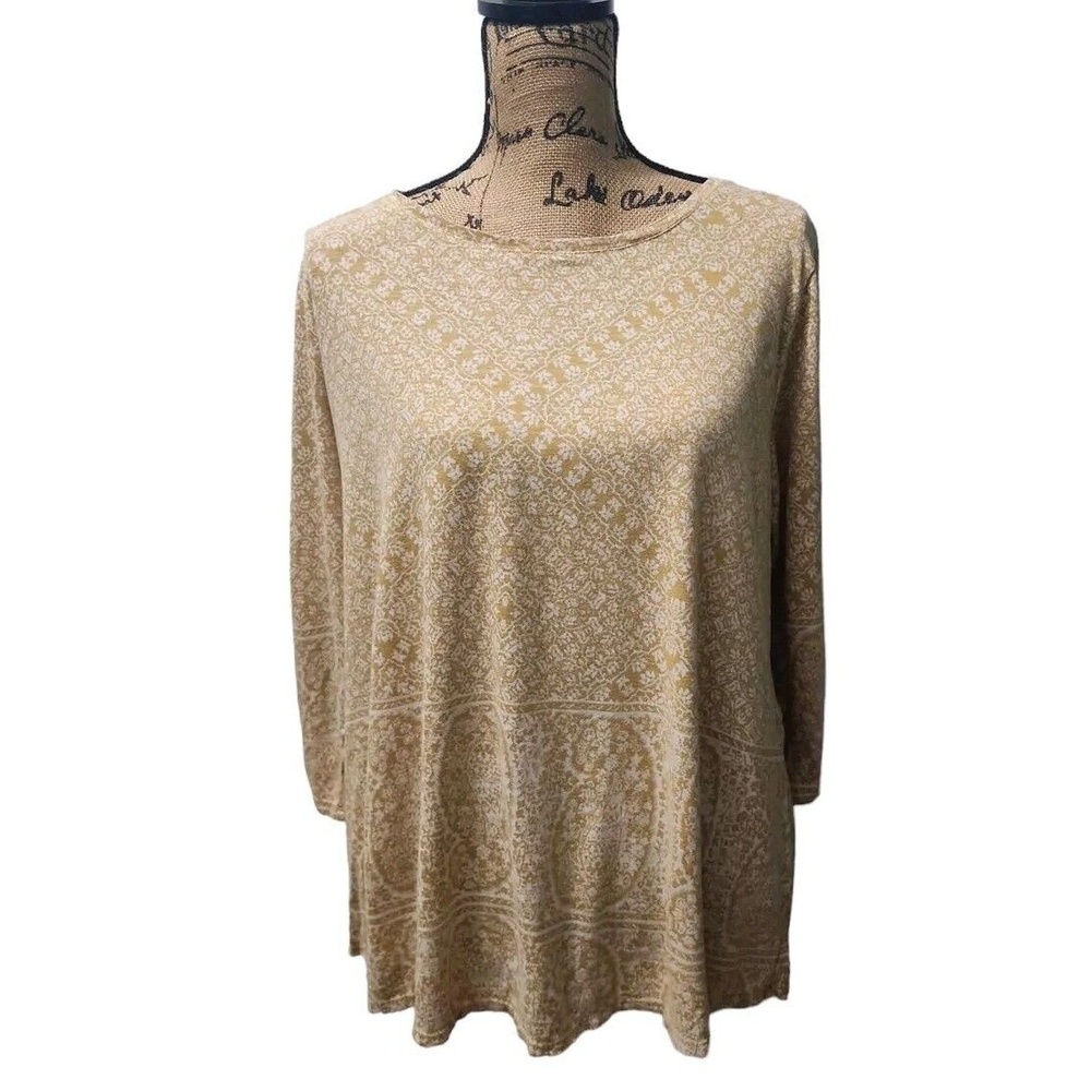 Lucky Brand Women's 2X Boho Paisley Top Tan 3/4 Sleeve